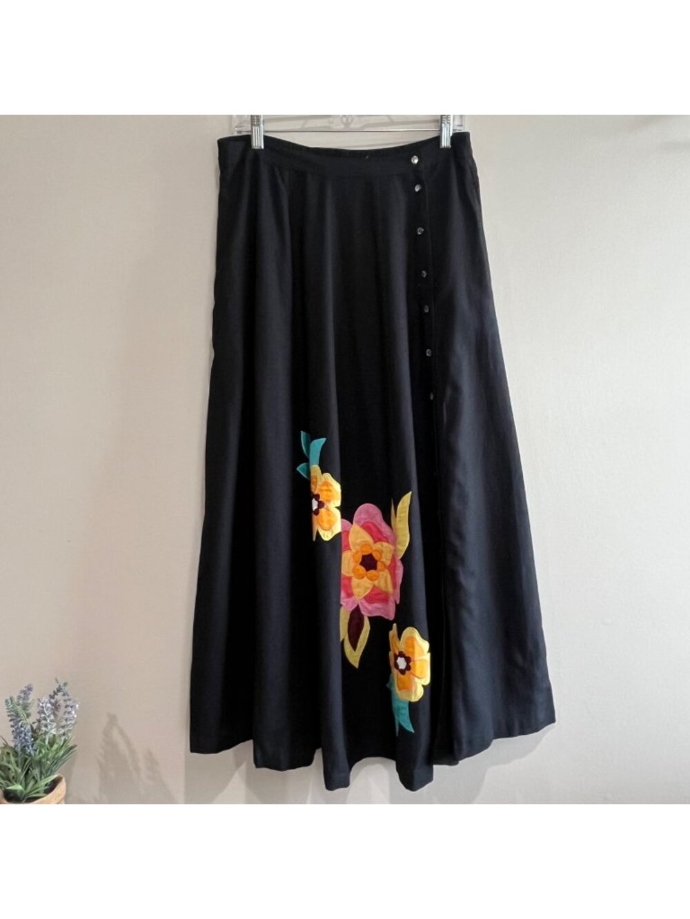 Anthony Original Maxi Skirt Womens S Black Button Up Bright Embroidered Floral